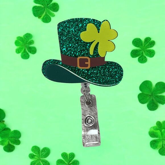 St. Patrick's Day Sparkling Green Hat ID Badge Holder 360-Degree Rotatable Clip - Picture 2 of 4